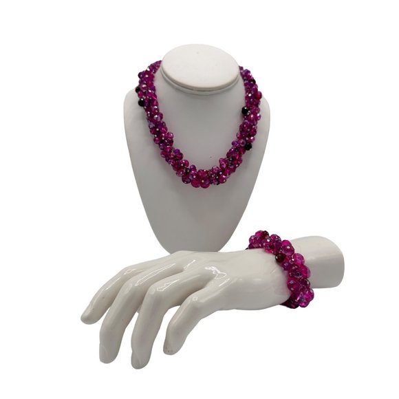 White House Black Market Cluster Beaded Pink Purple Necklace and Bracelet Set - Picture 2 of 5